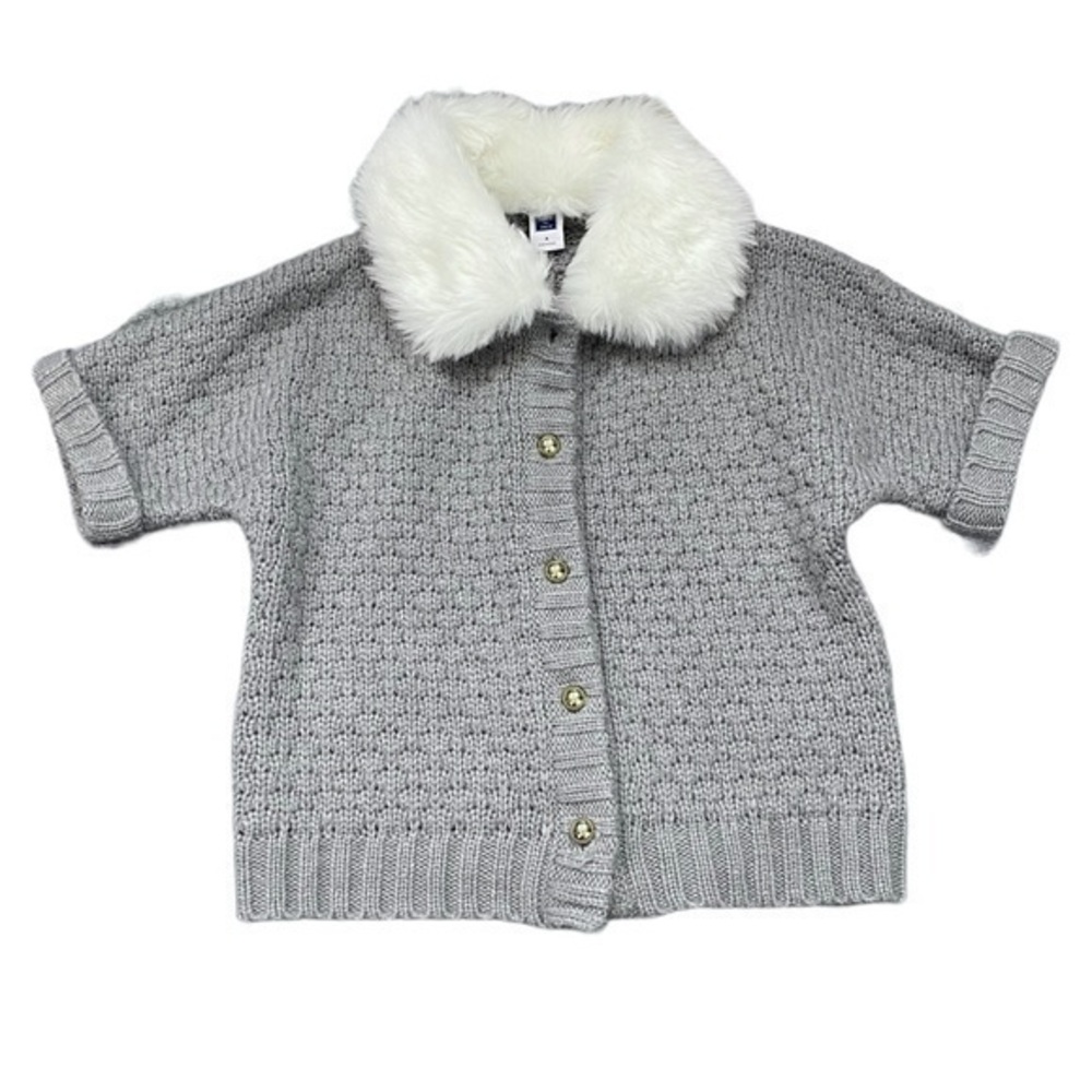 Janie & Janie Girls Fur Collar Short Cardigan Sweater Gray Knit size 4